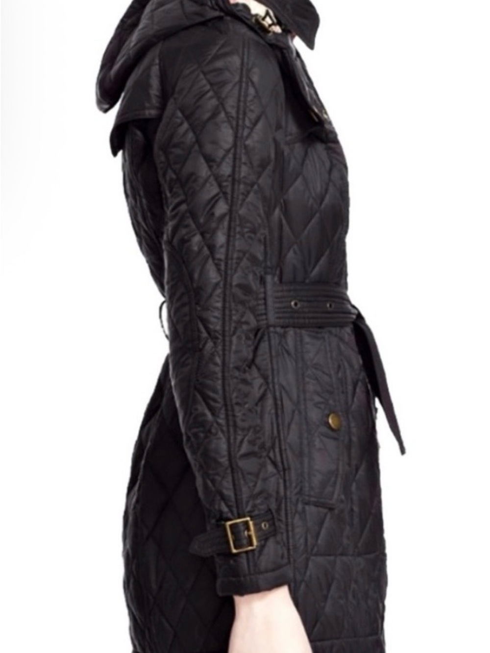 BURBERRY Finsbridge Black Belted Quilted Jacket W Detachable Hood Size L - Picture 4 of 10